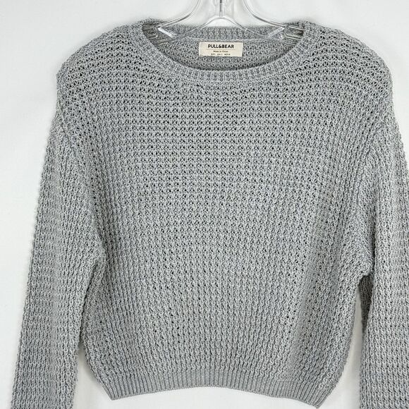 Pull and Bear Womens Small Gray Knit Ribbed Oversized Cropped Pullover Sweater - Picture 3 of 10